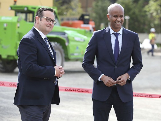 MP Irek Kusmierczyk (L — Windsor-Tecumseh), left, and Minister of Families, Children and Social Development Ahmed Hussen are all smiles during an announcement on Friday of new federal funding for affordable housing projects in Windsor. PHOTO BY DAN JANISSE /Windsor Star