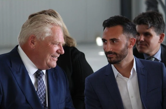 Premier Doug Ford (left) is pictured with Energy and Electrification Minister Stephen Lecce at a press conference in Leamington on Friday, July 19, 2024. MILLAR HOLMES-HILL /Windsor Star Photo by Millar Holmes-Hill /Windsor Star